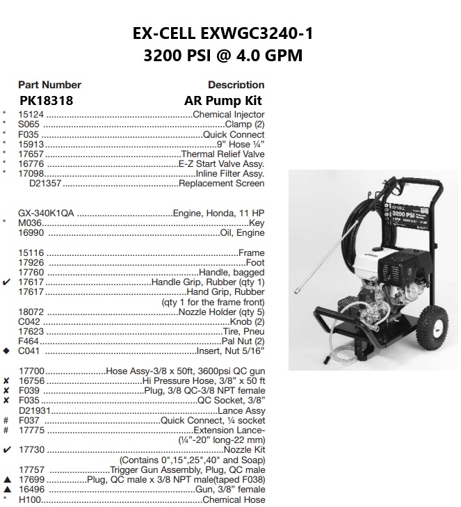 EX-CELL model EXWGC3240-1 power washer parts